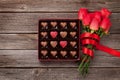 Valentines day with red roses and heart chocolate box Royalty Free Stock Photo