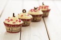 Valentines Day Red Velvet Cupcakes with Sprinkles on Light White Wooden Background, Horizontal View Royalty Free Stock Photo