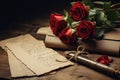 Valentines day, Romance, red rose, old letters and antique pen. sentimental vintage love background