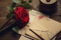 Valentines day, Romance, red rose, old letters and antique pen. sentimental vintage love background