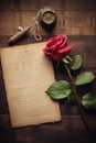 Valentines day, Romance, red rose, old letters and antique pen. sentimental vintage love background