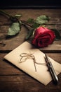 Valentines day, Romance, red rose, old letters and antique pen. sentimental vintage love background