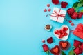 Valentines day romantic background with heart shape chocolate, gift box and  rose flowers. Top view. Flat lay Royalty Free Stock Photo