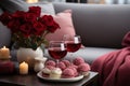 Valentines day romantic date with red rose, wine and sweets at home. Generative AI. Royalty Free Stock Photo