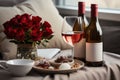 Valentines day romantic date with red rose, wine and sweets at home. Generative AI. Royalty Free Stock Photo