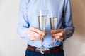 Valentines day romantic date night, handsome man holding two champagne glasses for couple Royalty Free Stock Photo