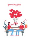 Valentines day romantic dating gift card. Lovers relationship two people. Couple sitting on bench. Loving couple.