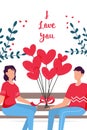 Valentines day romantic dating gift card. Lovers relationship two people. Couple sitting on bench. Loving couple