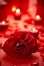 Valentines day romantic decoration with roses, boxed gifts, candles