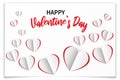 Valentines day romantic greetng card with paper hearts cut out from paper. Realistic symbols of love with shadow on