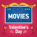 Valentines Day Romantic Movies. Square Cover, web site page. Couple of people in love in bed before TV-set, monitor. Vector