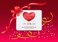 Valentines day sale background with red heart and gift bows with gold ribbons Royalty Free Stock Photo