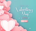 Valentines day sale background in trendy paper cut style. Paper clouds, hearts and realistic pearls border frame