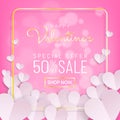 Valentines day sale background typography and gold frame with paper cut heart decoration Royalty Free Stock Photo