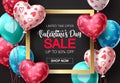 Valentines day sale balloons vector banner design. Happy valentines day sale promotion text with colorful balloons