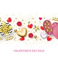 Valentines day sale banner background of hearts and gold glitter confetti or flower pattern. Vector Happy Valentine greeting card Royalty Free Stock Photo