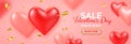 Valentines day sale banner. Couple realistic 3d red and pink heart shaped balloons pierced by cupids golden arrow and confetti.