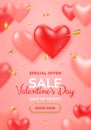 Valentines day sale banner. Couple realistic 3d red and pink heart shaped balloons pierced by cupids golden arrow and