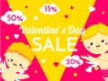 Valentines day sale banner with cute cartoon Cupids characters. Promo background for seasonal offer