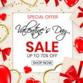 Valentines day sale banner design template. Romantic seasonal promo background with red shiny hearts, gift boxes with Royalty Free Stock Photo