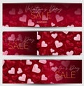 Valentines Day sale banner or header set. Background with 3d pink and red hearts. Royalty Free Stock Photo