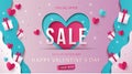 Happy Valentines Day Sale Background with gift boxes on waves of love made of paper and hearts in origami style