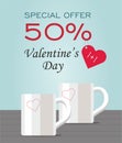 Valentines Day Sale banner Special offer 50% with two cups Royalty Free Stock Photo
