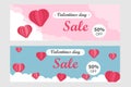 Valentines Day Sale Banner Template in horizontal format - Vector illustration in paper cut style, pink and turquoise background Royalty Free Stock Photo