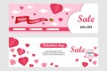 Valentines Day Sale Banner Template in horizontal format - Vector illustration in paper cut style, pink and white background Royalty Free Stock Photo