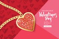 Valentines day sale banner. Vector background with gold necklace chain and red heart pendant on pink textured paper. Royalty Free Stock Photo