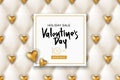 Valentines day sale banner. Vector white leather texture and golden hearts. Design for poster, card, party invitation. Royalty Free Stock Photo