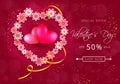 Valentines day sale card in form of heart from paper-cut flowers on pink background.