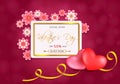 Valentines day sale card with golden frame with hearts and paper-cut flowers on pink background Royalty Free Stock Photo