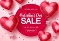 Valentines day sale hearts vector banner template. Happy valentines day sale text with heart air balloon elements