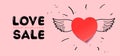 Valentines day sale. Love Sale. Web banner template with winged heart, pink background