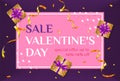 Valentines day sale poster. Banner, flyer for discounts. Gold confetti and gifts