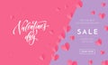 Valentines day sale poster or banner of valentine pink paper hearts and calligraphy text font on trendy background. Vector Valenti