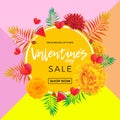 Valentines Day sale poster design template. hearts, rose flower and palm leaf or berry on pink and yellow background. Vector Valen