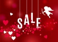 Valentines day sale poster with hearts and white cupid silhouette on red backdrop