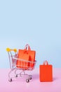 Valentines day sale shopping concept. Dall with shopping bags. Vertical format