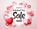 Valentines day sale vector banner. Sale discount promotion text in white frame with red valentines hearts elements Royalty Free Stock Photo