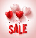 Valentines day sale vector design with red heart shape balloons in white background