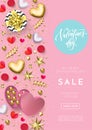 Valentines day sale web banner background of hearts and gold glitter confetti or flower pattern for holiday discount store. Vector Royalty Free Stock Photo