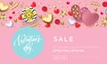 Valentines day sale web banner background of pink hearts and gold glitter confetti or flower pattern. Vector Valentine shopping po Royalty Free Stock Photo