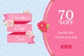 Valentines day sale web banner design template. Pink flat ribbon on blue floral background. Polka dot pattern with 70 percent off Royalty Free Stock Photo