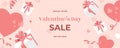 Valentines Day sale web banner, falling gift boxes with holiday ribbons