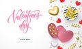 Valentines day sale web banner for shop store design of heart gift box decoration with chocolate sweets in golden wrapper. Vector