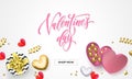 Valentines day sale web banner for shopping of heart gift box decoration with chocolate candy in golden wrapper. Vector pink text Royalty Free Stock Photo