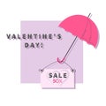 Valentines Day. Sales. Promotional offer concept with umbrella and favorable discounts. Promotion