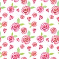 Alentines Day seamless background. Floral cute pattern with pink and red roses and hearts on white. Royalty Free Stock Photo